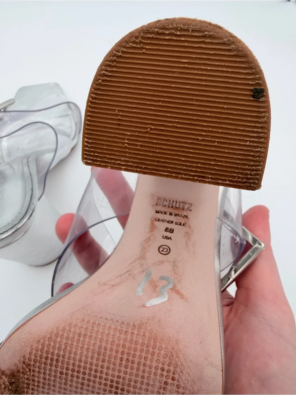 SCHUTZ Clear Vinyl Silver Block Heel Sandals 8B Square Toe Oversized Buckle